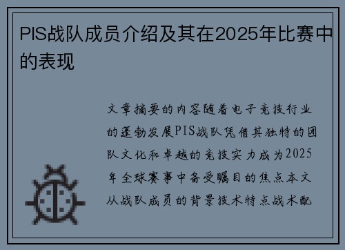 PIS战队成员介绍及其在2025年比赛中的表现